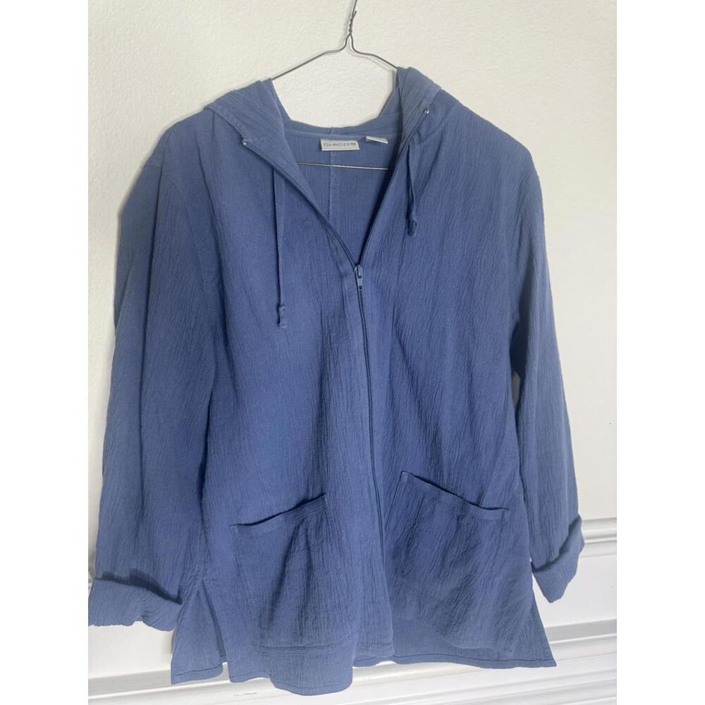Chicos Hoodie Jacket Womens Small Blue Solid Zip Up 100% Cotton Loungewear Sz0